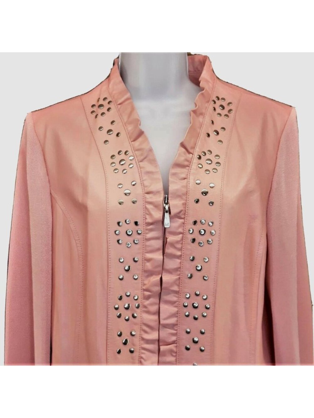 Peter Nygard Pink Leather Jacket Womens L Stretchy Knit Sleeves Studded Ruffled